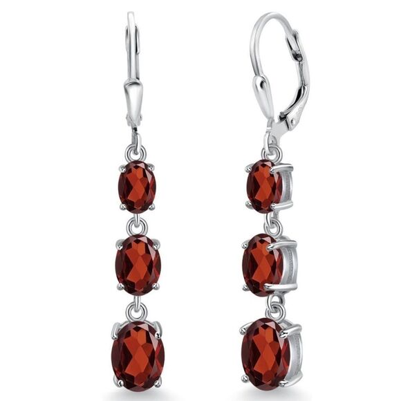 925 Sterling Silver with 6.14 Cttw 3 Stone Garnet Dangling Leverback Earrings - Picture 1 of 5